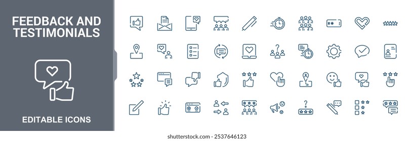 Feedback and Testimonial vector line icon set. Contains such icons as loyalty, quote, satisfaction, appreciation, inquiry, feeling and more. Thin UI icon design. Editable stroke. Vector illustration.