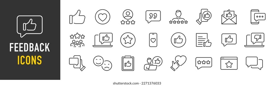 Icono de comentarios y Testimonios de la web establecido en el estilo de línea. Asistencia al cliente, calificación, sitio web, revisión, soporte, como, comentarios, datos, Internet, recopilación. Ilustración vectorial.