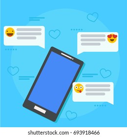 Feedback and testimonials banner. Phone with reviews, emoticons and comments. Vector flat illustration