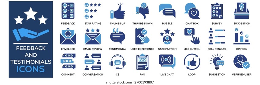 Conjunto de colecciones de iconos de Comentarios y testimonios. Con forma de Comentarios de diseño, Revisión del Cliente, Clasificación por estrellas, Pulgares arriba, Pulgares abajo