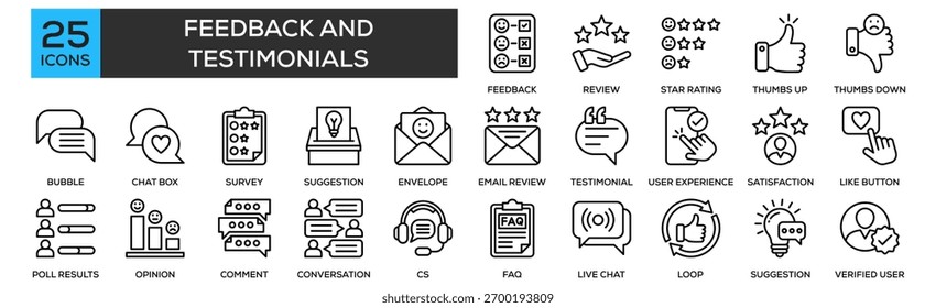 Conjunto de colecciones de iconos de Comentarios y testimonios. Con forma de Comentarios de diseño, Revisión del Cliente, Clasificación por estrellas, Pulgares arriba, Pulgares abajo