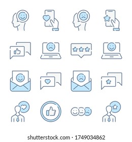 Feedback and Testimonials related blue line colored icons. Review and Survey icon set.