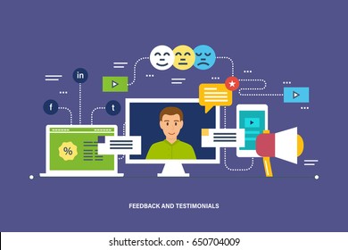 Feedback and testimonials. Feedback, reviews and rating, testimonials, like, communication. Voting system, communications and technology reviews. Vector illustration isolated in cartoon style.