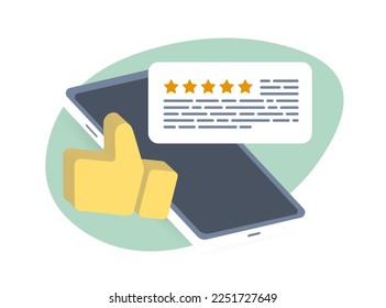 Feedback testimonials from satisfied customers and clients. Reviewing a product or feedback service with a 5 star rating. Smartphone, thumbs up icon and five stars review bubble.