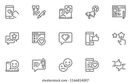 Feedback and Testimonials Vector Line Icons Set. Customer Relationship, Appreciations, Comments, Reviews. Editable Stroke. 48x48 Pixel Perfect.