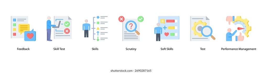 Ícone de banner da Web de comentários e testes ilustração vetorial com comentários, teste de habilidade, habilidades, verificação, habilidades de software, teste e gerenciamento de desempenho.