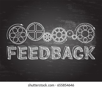 Feedback text with gear wheels hand drawn on blackboard background
