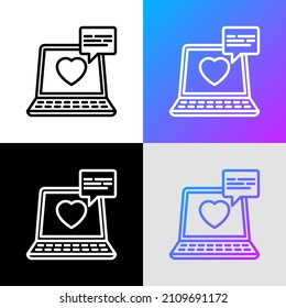 Feedback thin line icon: open laptop with heart and speech bubble. Modern vector illustration.