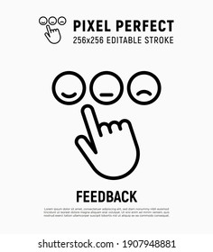 Feedback thin line icon. Put by finger evaluation. Comment, rating, review, recommendation. Pixel perfect, editable stroke. Vector illustration.
