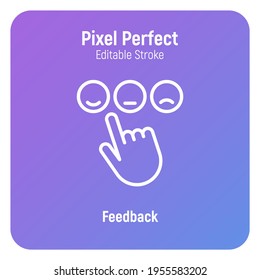 Feedback thin line icon. Put by finger evaluation. Comment, rating, review, recommendation. Pixel perfect, editable stroke. Vector illustration.