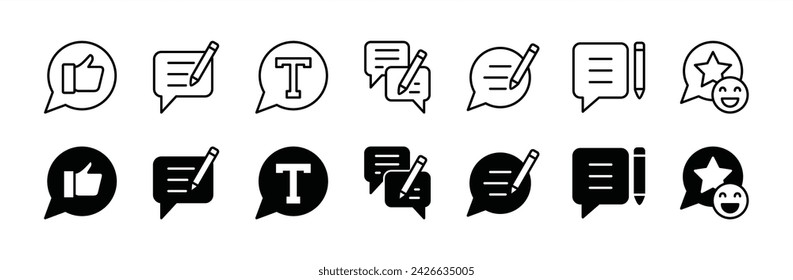Feedback thin line icon set. Containing write, rating, text, review, thumb up, chat speech bubble, satisfaction. Vector illustration