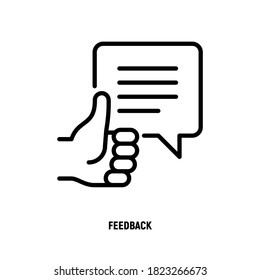 Feedback thin line icon. Thumbs up with speech bubble. Comment, rating, review, recommendation. Vector illustration.