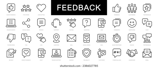 Feedback thin line Icons set. Feedback, Rating, Like, Dislike, Comment editable stroke icon. Vector
