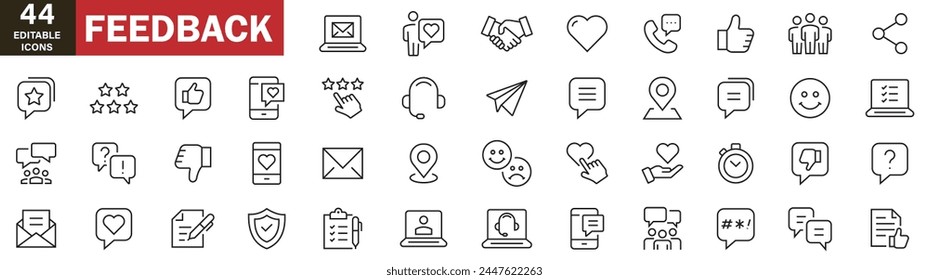 Línea fina de Comentarios Conjunto de iconos. Comentarios, Clasificación, Como, No me gustan los iconos de trazo editables. Iconos de Ilustración vectorial sobre fondo blanco 