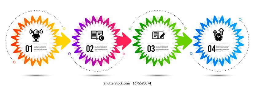 Los iconos de la gestión de tiempo y de comentarios son sencillos. Ilustración de pasos de línea de tiempo. Señal de micrófono. Libro con lápiz, Libro de copywriting, reloj de Office. Micrófono. Conjunto educativo. Vector