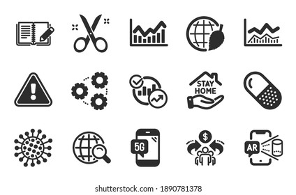 Feedback, Trade infochart and Scissors icons simple set. Statistics, Augmented reality and 5g phone signs. Coronavirus, Environment day and Gears symbols. Flat icons set. Vector