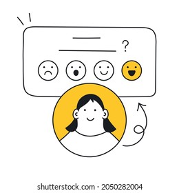 Elemento ui de comentarios con cara de cliente feliz. Resultados de clasificación, clasificación, evaluación y experiencia de usuario. Ilustración vectorial de línea delgada sobre fondo blanco.