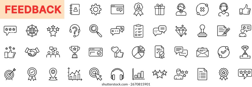 Feedback and User Review Evaluation Line Icon Design Featuring Stars, Ratings, Comments, Like Button, Survey, Gift, Email, Support, Mic, Graphs, Approval, and Client Response Icons Icon Design