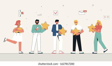 Feedback from users and customers about the company's services. A group of people hold five stars in their hands, leaving user feedback. Customers evaluate the product or service. Flat vector.