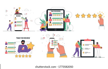 Feedback from users and customers about the company's services. A group of people hold five stars in their hands, leaving user feedback. Customers evaluate the product or service. Flat vector.