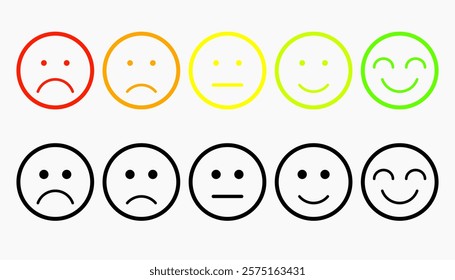 Feedback vector concept. Rank, level of satisfaction rating. Excellent, good, normal, bad awful. Feedback in form of emotions, smileys, emoji. User experience Review of consumer. 