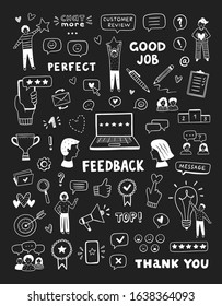 Feedback vector icons on blackboard. Hand drawn doodle illustrations, symbols and elements. Customer service signs