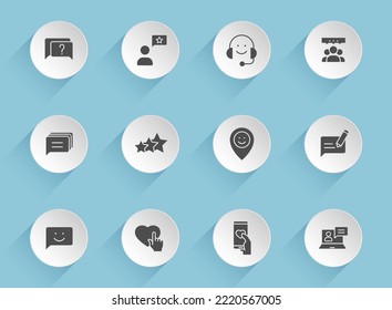 feedback vector icons on round puffy paper circles with transparent shadows on blue background. feedback stock vector icons for web, mobile and user interface design