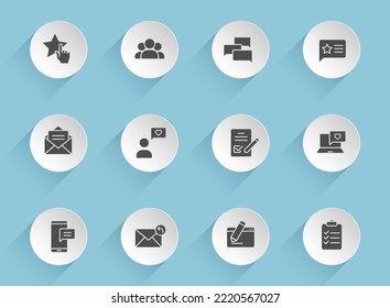 iconos vectoriales de retroalimentación en círculos redondos de papel puffy con sombras transparentes sobre fondo azul. iconos vectoriales de reserva de retroalimentación para diseño de interfaz web, móvil y de usuario