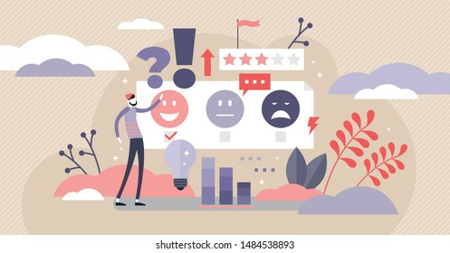 Feedback vector illustration. Flat tiny opinion research persons concept. Customer satisfaction and quality survey method. Stars and smileys signs consumer as poll, rating and choice review symbols.