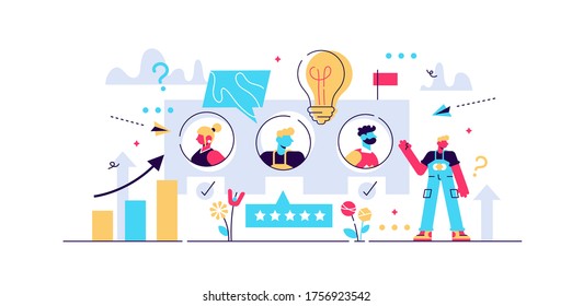 Feedback vector illustration. Flat tiny opinion research persons concept. Customer satisfaction and quality survey method. Stars and smileys signs consumer as poll, rating and choice review symbols.