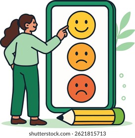 Feedback Vector: Woman Choosing Happy Emotion on Scale.