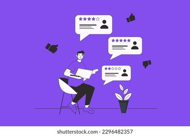 Feedback web concept with character scene in flat design. People leaving positive or negative customer comments with different experience. Vector illustration for social media marketing material.