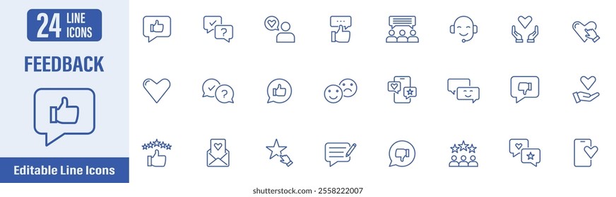 Feedback web icons in line style. Feedback, customer review, rating, review, satisfied, survey, quality, feedback review, satisfaction and more. Vector illustration.