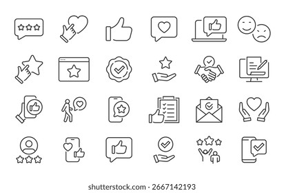 Ícones da Web de comentários no estilo de linha. Depoimentos, como, comentário, marketing, pesquisa, confirmação, coleta. Ilustração vetorial.