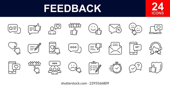 Feedback web icons set. Feedback - simple thin line icons collection. Containing rating, testimonials, quick response, satisfaction, review, emotion symbols and more. Simple web icons set