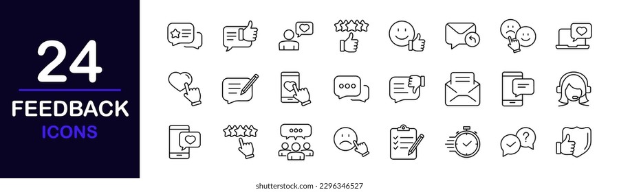 Feedback web icons set. Feedback - simple thin line icons collection. Containing rating, testimonials, quick response, satisfaction, review, emotion symbols and more. Simple web icons set
