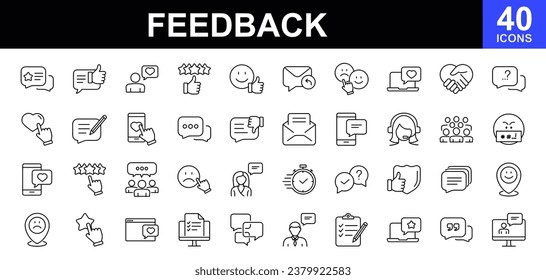 Feedback web icons set. Feedback - simple thin line icons collection. Containing rating, testimonials, quick response, satisfaction, review, emotion symbols and more. Simple web icons set