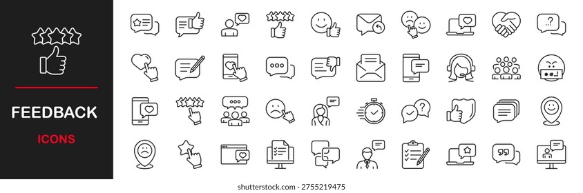 Feedback web icons set. Feedback - simple thin line icons collection. Containing rating, testimonials, quick response, satisfaction, review, emotion symbols and more. Simple web icons set