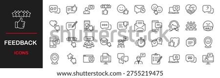 Feedback web icons set. Feedback - simple thin line icons collection. Containing rating, testimonials, quick response, satisfaction, review, emotion symbols and more. Simple web icons set