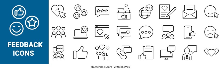 Feedback web icons Testimonials, like, comment, marketing, survey, confirmation, collection. Editable stroke. Vector illustration.