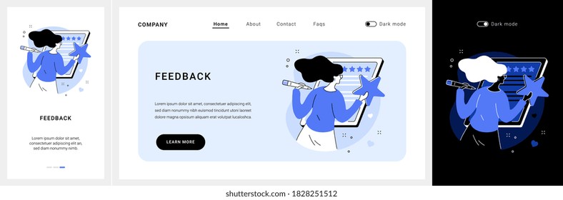 Feedback website UI kit. Corporate website, menu bar, customer feedback page, leave you opinion, site navigation, user experience, web element, impression landing and mobile app vector UI template.