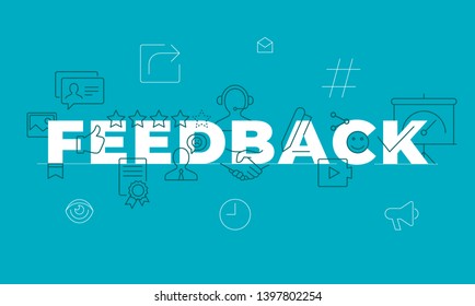 Feedback Word Concept. Employee Engagement. Customer Satisfaction. Isolated Lettering Typography Idea With Line Icons. Review And Advices Vector Outline Illustration Banner