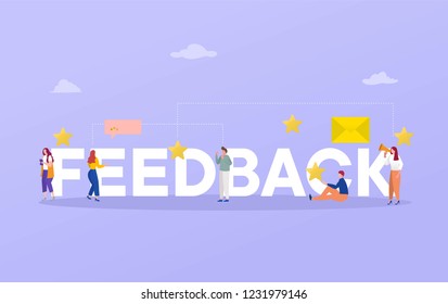 Feedback word rating vector illustration concept, people give review rating and feedback with smartphone , can use for, landing page, template, ui, web, mobile app, poster, banner, flyer, background