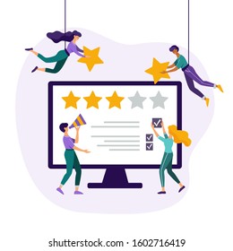 Feedback/review Concept. Customer Review Rating. People Leaving Five Star Rating On A Monitor Screen. Flat Vector Illustration.