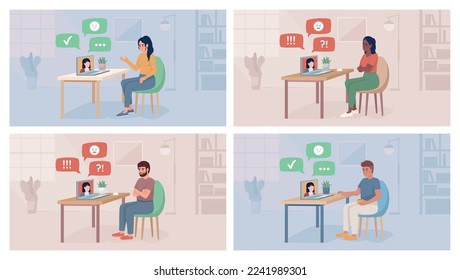 Feedbacks color plano conjunto de ilustración vectorial. Reuniones en línea. Revisión positiva. Informe negativo. Personajes de dibujos animados sencillos en 2D totalmente editables con interiores en segundo plano. Fuentes de negrita y rápido usadas