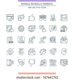 Feedbacks and ratings icon set. Review on customer service. Testimonials Related. Modern thin line icons. Vector illustration