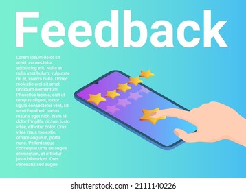 Feedback.Smartphone with rating stars.Consumer reviews, application support.A business-style poster.Flat vector illustration.