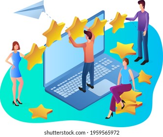 Feedback.Statistics of reviews, rating rating.People are stars and a laptop.The concept of working with clients.Isometric vectorial illustration.