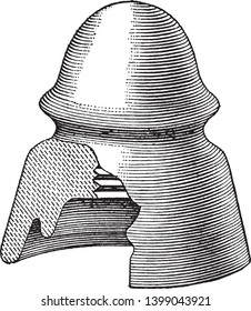 Feeder Insulator was previously made from glass but the strain they endured caused them to crack, vintage line drawing or engraving illustration.
