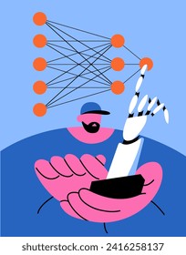 Feedforward artificial neural network. Man teaches Artificial Intelligence. Machine learning. Flat vector illustration